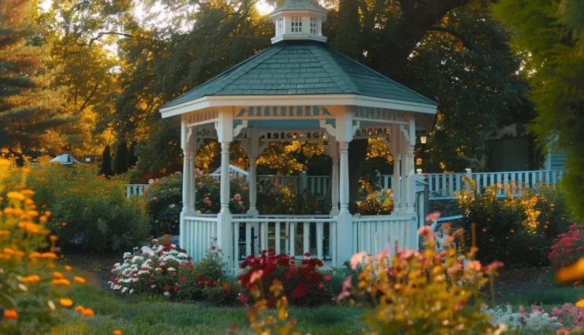 a quaint, historic gazebo surrounded by vibrant flowers in the charming town of watertown, ct.