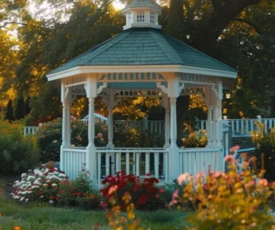 a quaint, historic gazebo surrounded by vibrant flowers in the charming town of watertown, ct.