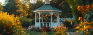 a quaint, historic gazebo surrounded by vibrant flowers in the charming town of watertown, ct.