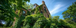 a historic brick building surrounded by lush green trees and a clear blue sky in watertown, ct.