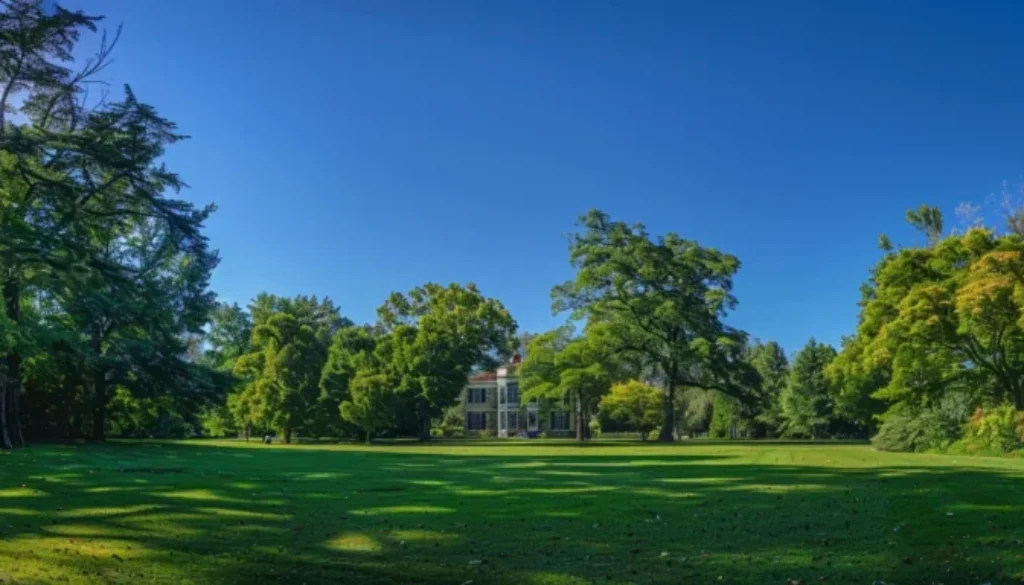 a historic colonial-era mansion surrounded by lush green gardens and towering oak trees under a clear blue sky in litchfield, ct.