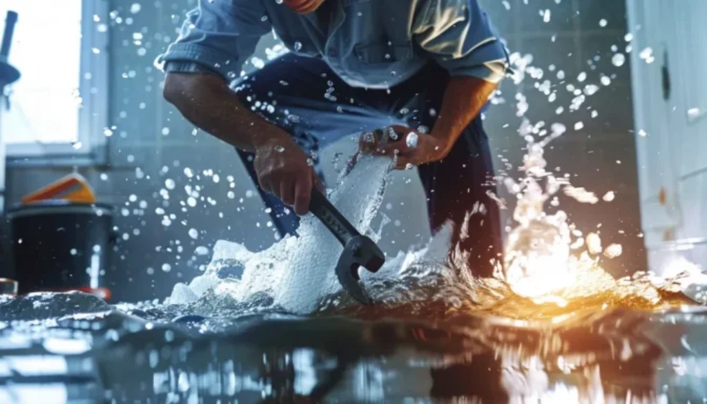 a plumber using a heavy-duty wrench to fix a burst pipe, surrounded by water gushing out in a residential basement.