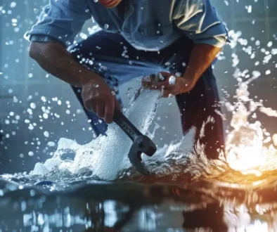 a plumber using a heavy-duty wrench to fix a burst pipe, surrounded by water gushing out in a residential basement.