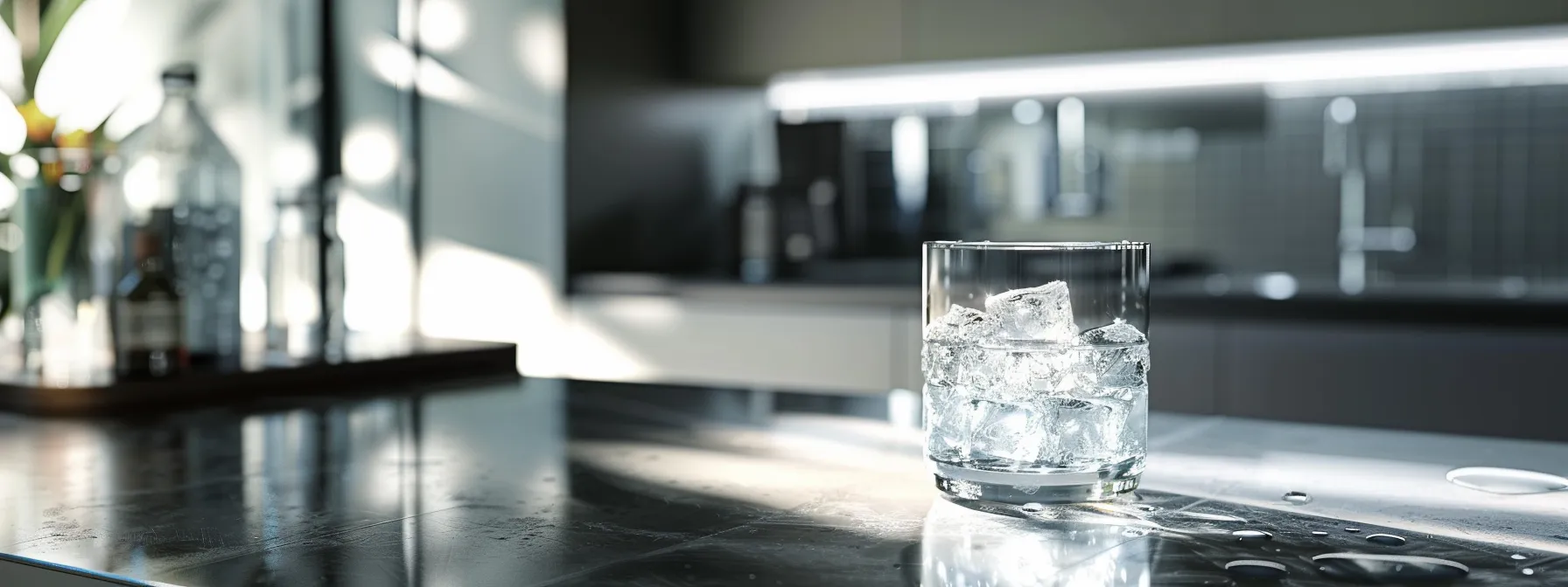 a pristine glass of water surrounded by sparkling, crystal-clear ice cubes in a modern, sleek kitchen setting, showcasing the purity and quality of filtered drinking water.