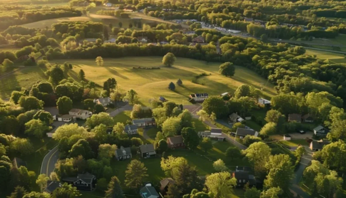 a serene, picturesque landscape of rolling green hills and a charming downtown area in litchfield ct.