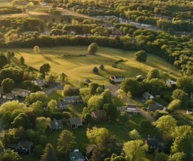 a serene, picturesque landscape of rolling green hills and a charming downtown area in litchfield ct.