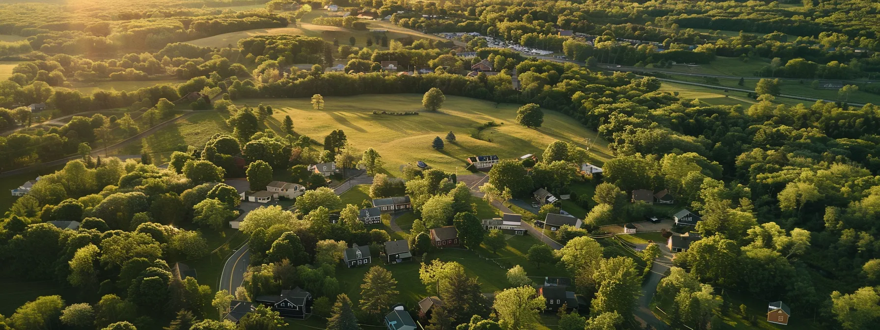 a serene, picturesque landscape of rolling green hills and a charming downtown area in litchfield ct.