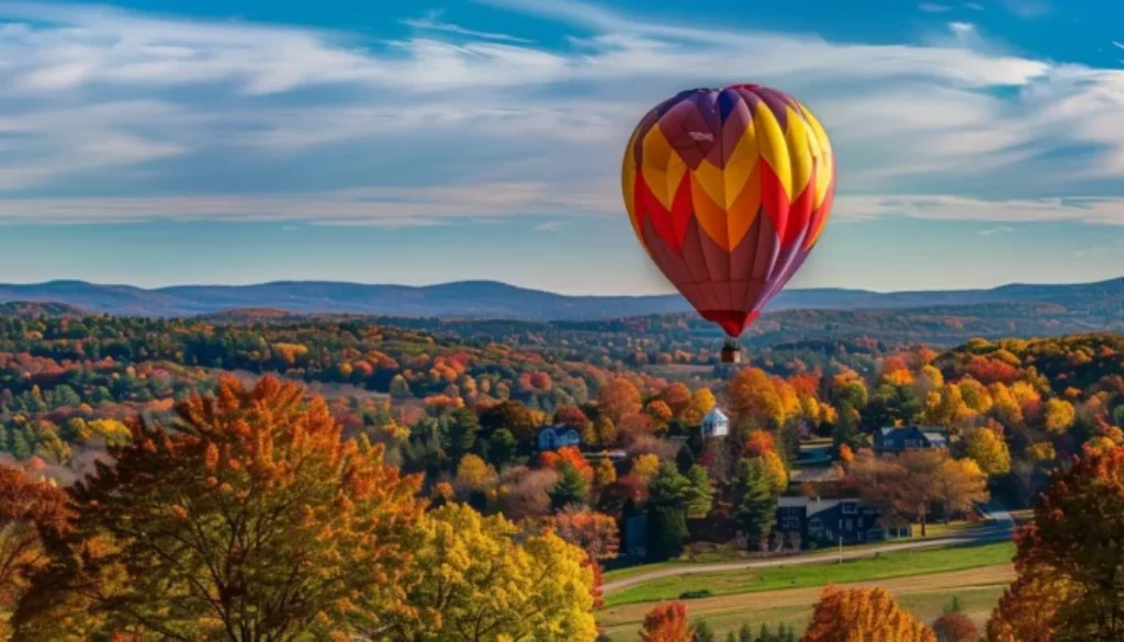 a vibrant hot air balloon floating gracefully over the picturesque landscape of litchfield ct.