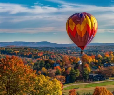 a vibrant hot air balloon floating gracefully over the picturesque landscape of litchfield ct.