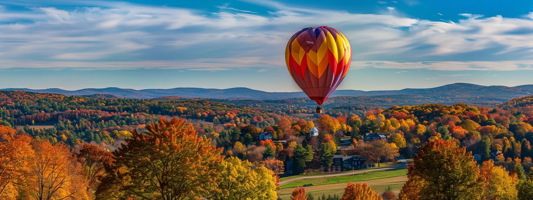 a vibrant hot air balloon floating gracefully over the picturesque landscape of litchfield ct.