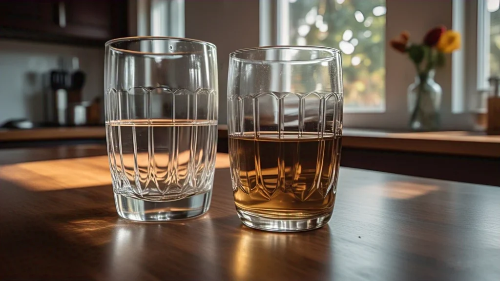 a_glass_on_a_kitchen_table_with_hard_water