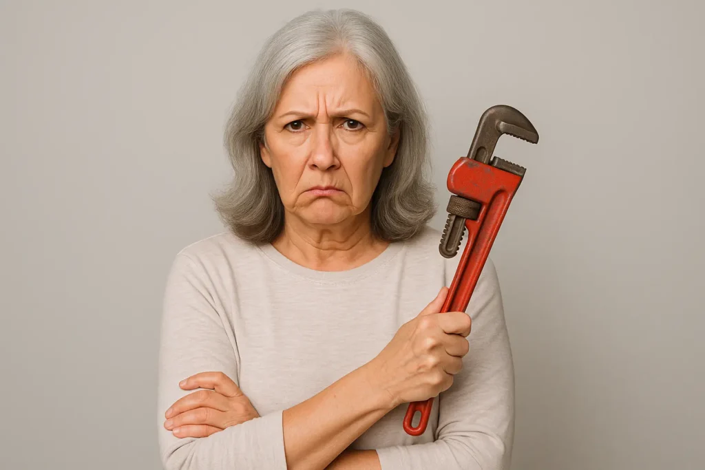 older woman with plumbers wrench